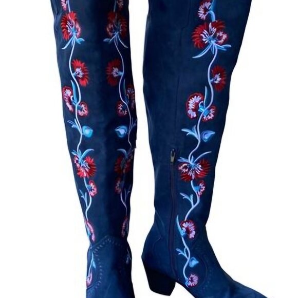 Carlos Santana Alexia Navy Floral Embroidery Over the Knee Boots - Picture 2 of 8